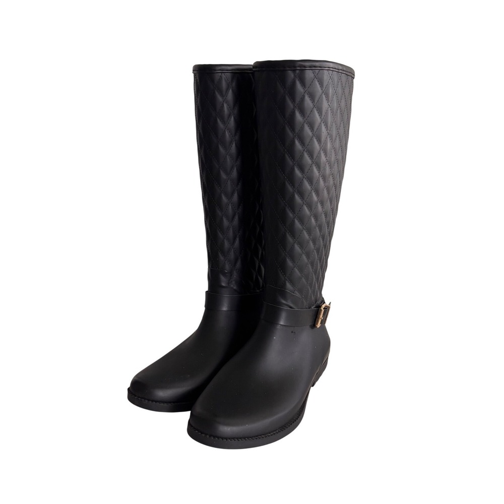 Guess GWJULUE Black Quilted Tall Rain Boots Matte Buckle Detail Womens 9